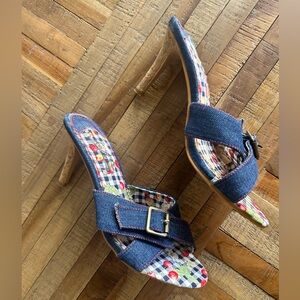 Denim kitten heel with red stitching